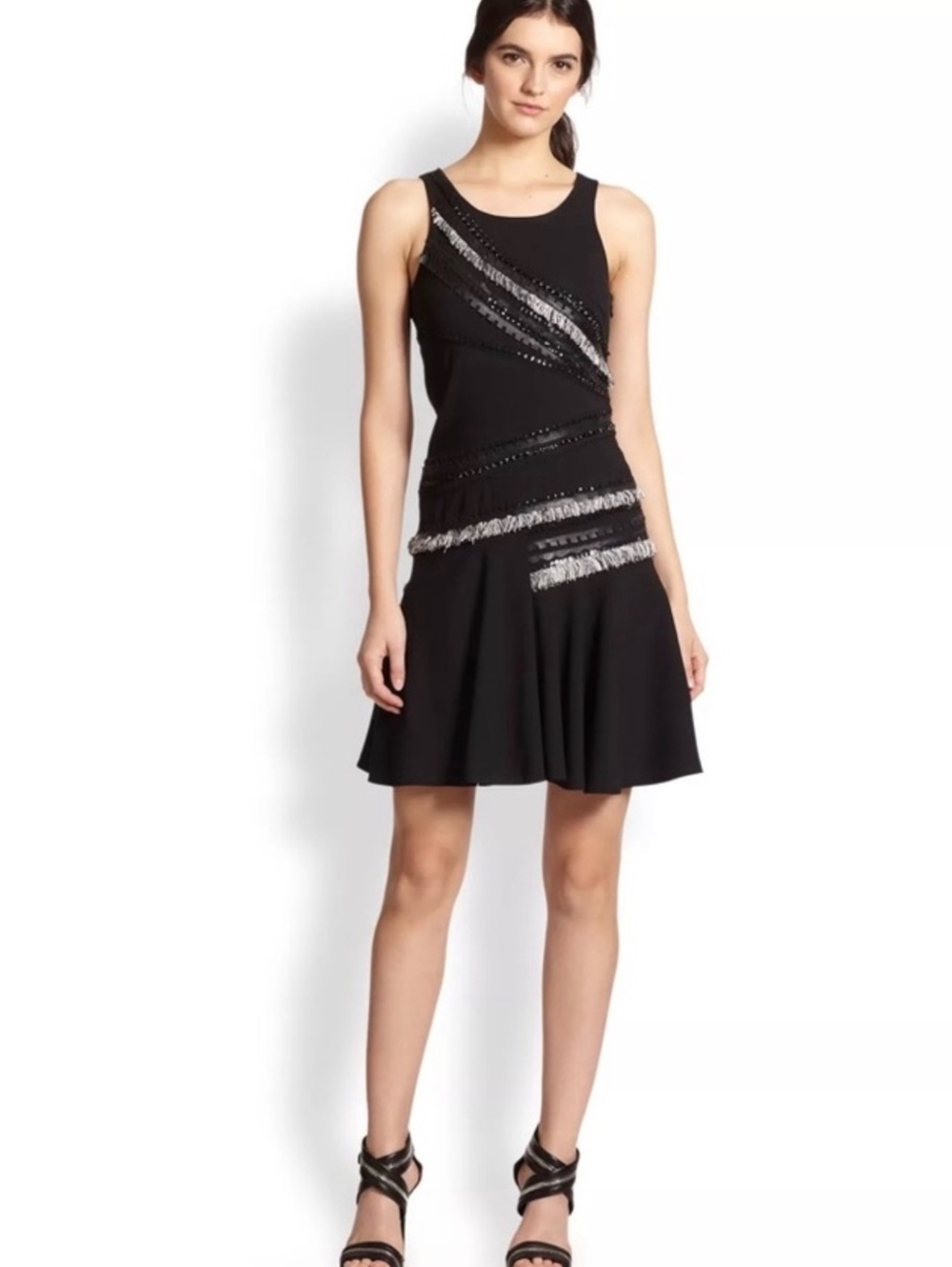 NWOT SACHIN & BABI Black Venus Asym. Fringe/Faux Leather-Trimmed Dress SZ 6